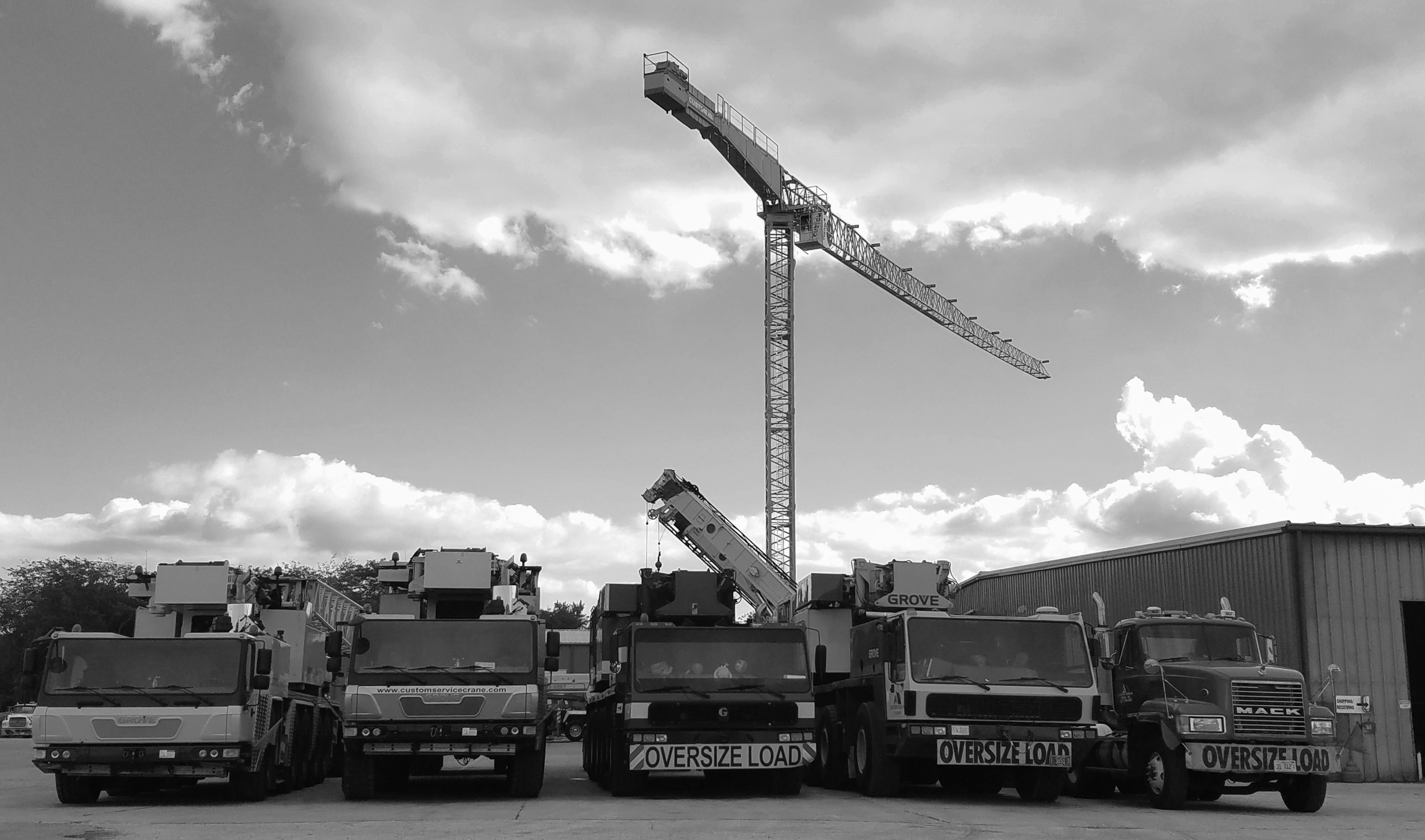 Some of Custom Service Crane's larger equipment lined up in the Fisher, IL yard. Equipment left to right: 275 ton, 275 ton, 175 ton, tower crane (background,, 175 ton, & lowboy