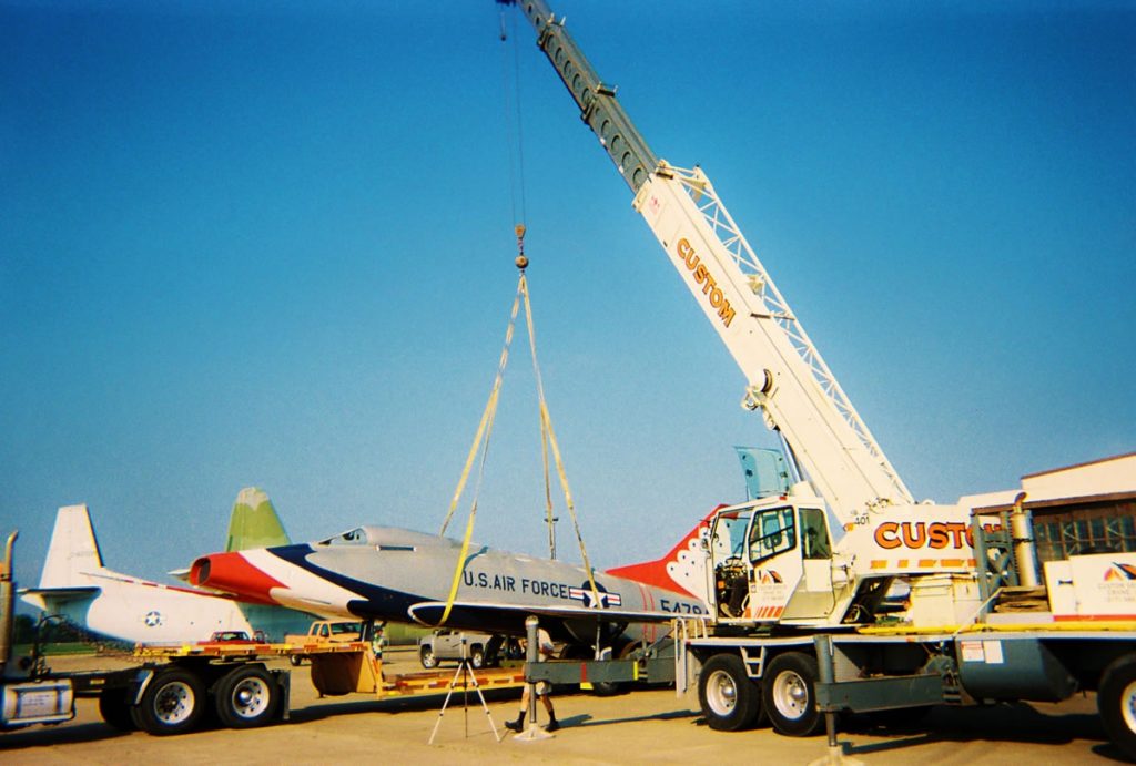 40 ton crane assists with moving a decommissioned Air Force jet to a Bloomington, IL museum.