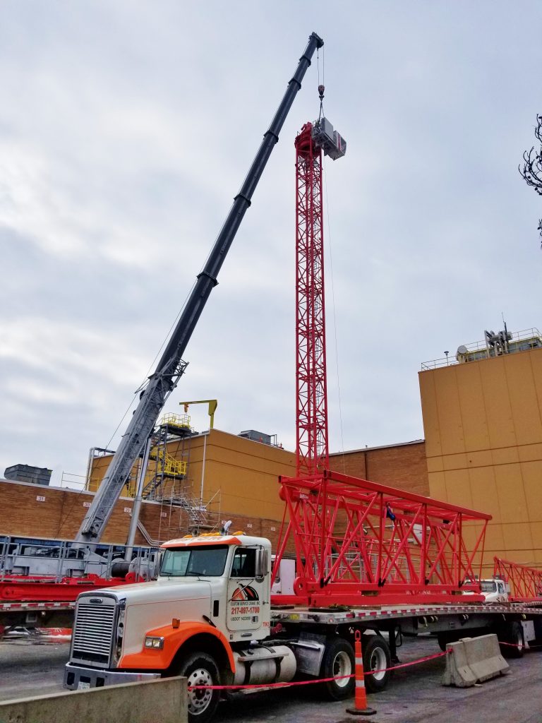 A Wolffkran 7536 tower is being assembled at the Champaign Kraft plant.